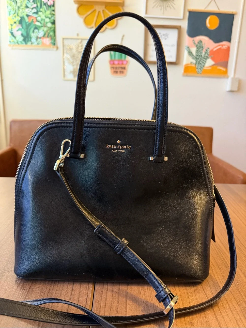 kate spade Black Leather Dome Satchel with Shoulder Strap